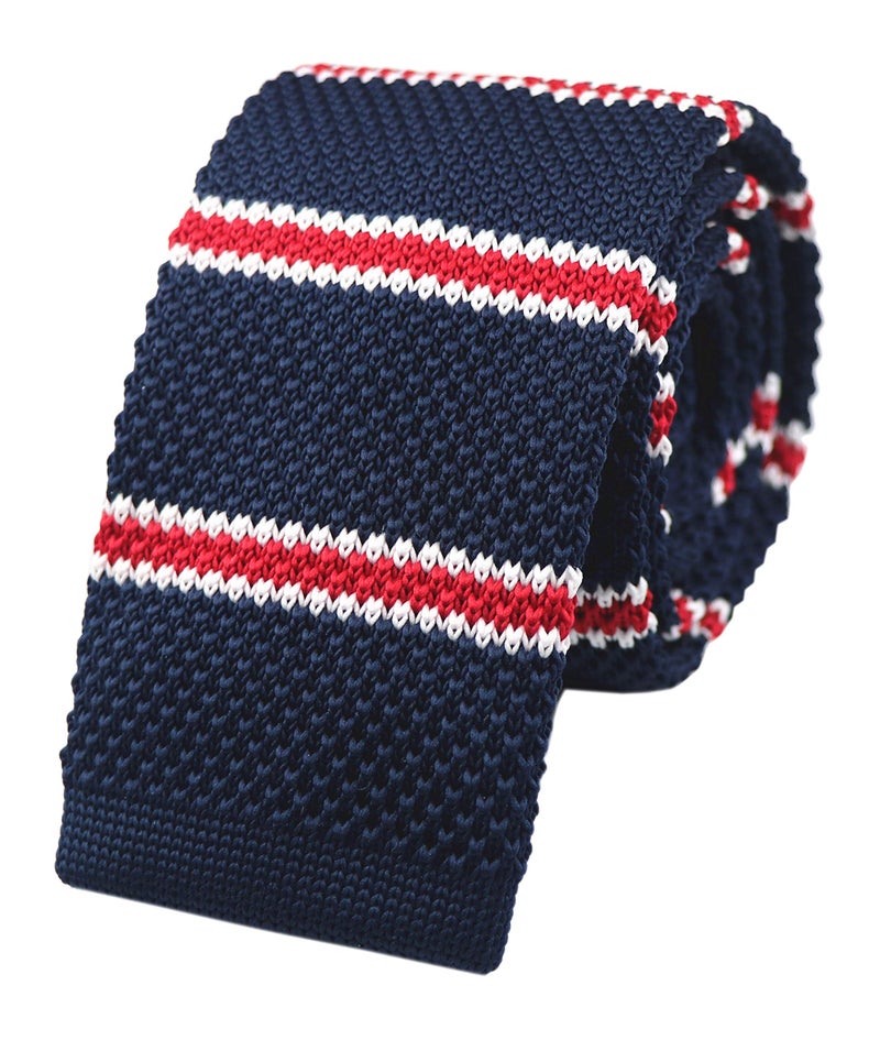 Secdtie Men's Stripe Navy Blue Woven Casual Preppy Stylish Tie Necktie Skinny 2.2" Flat-end Smart Sock Ties - Image 1